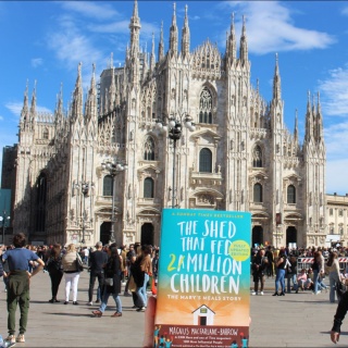 Picture of the Shed That Fed 2 Million Children outside of the Milan Cathedral.