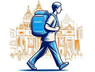 Graphic of a pilgrim carrying a Mary's Meals backpack.